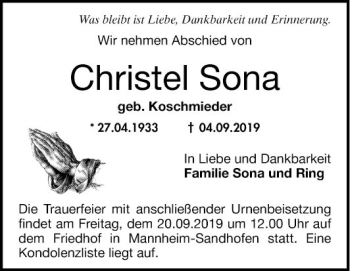 Traueranzeige von Christel Sona 