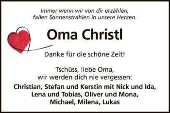 Traueranzeige von Christl Stauch von Fränkische Nachrichten