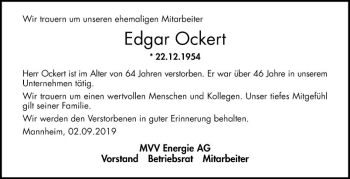 Traueranzeige von Edgar Ockert von Mannheimer Morgen