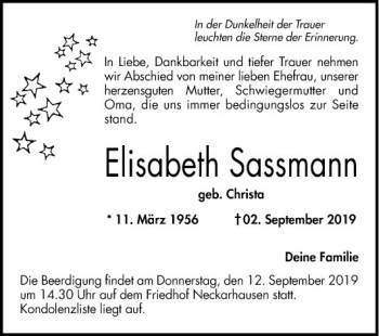 Traueranzeige von Elisabeth Sassmann von Mannheimer Morgen