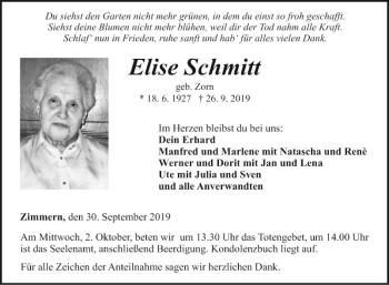 Traueranzeige von Elise Schmitt von Fränkische Nachrichten