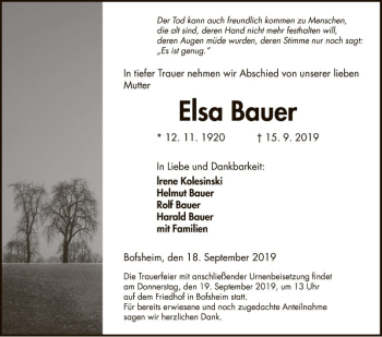 Traueranzeige von Elsa Bauer von Fränkische Nachrichten