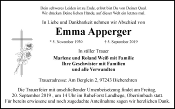 Traueranzeige von Emma Apperger von Fränkische Nachrichten