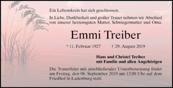 Traueranzeige von Emmi Treiber von Mannheimer Morgen