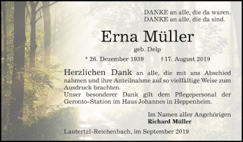 Traueranzeige von Erna Müller von Bergsträßer Anzeiger