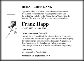 Traueranzeige von Franz Happ von Fränkische Nachrichten