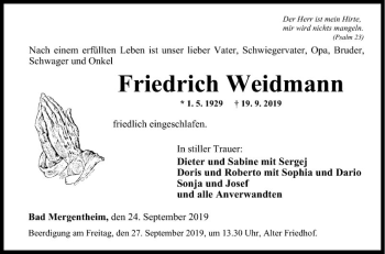 Traueranzeige von Friedrich Weidmann von Fränkische Nachrichten