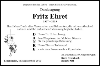 Traueranzeige von Fritz Ehret von Fränkische Nachrichten