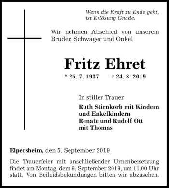 Traueranzeige von Fritz Ehret von Fränkische Nachrichten