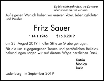 Traueranzeige von Fritz Sauer 