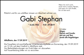 Traueranzeige von Gabi Stephan von Schwetzinger Zeitung