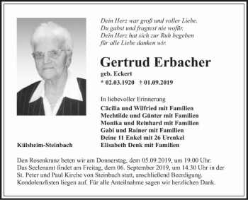 Traueranzeige von Gertrud Erbacher von Fränkische Nachrichten