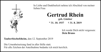 Traueranzeige von Gertrud Rhein von Fränkische Nachrichten