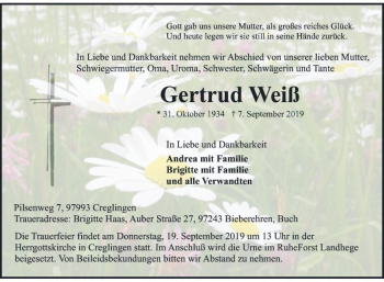 Traueranzeige von Gertrud Weiß 