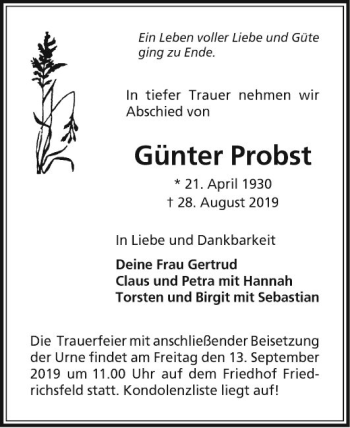 Traueranzeige von Günter Probst von Mannheimer Morgen