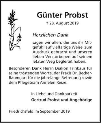 Traueranzeige von Günter Probst von Mannheimer Morgen