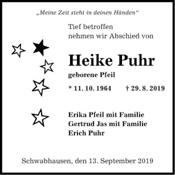 Traueranzeige von Heike Puhr von Fränkische Nachrichten