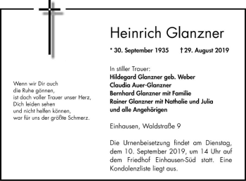 Traueranzeige von Heinrich Glanzner von Bergsträßer Anzeiger