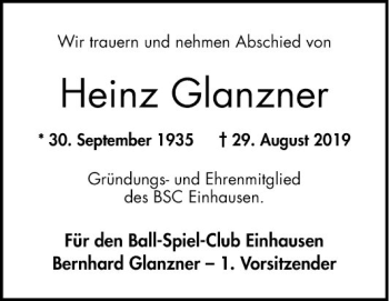 Traueranzeige von Heinz Glanzner von Bergsträßer Anzeiger