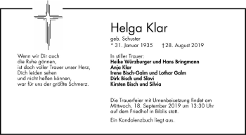 Traueranzeige von Helga Klar 