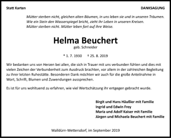 Traueranzeige von Helma Beuchert von Fränkische Nachrichten