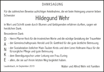 Traueranzeige von Hildegund Wehr 