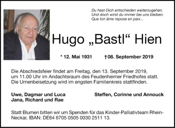 Traueranzeige von Hugo Hien von Mannheimer Morgen