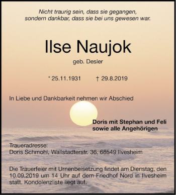 Traueranzeige von Ilse Naujok von Mannheimer Morgen