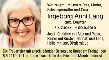 Traueranzeige von Ingeborg Anni Lang von Mannheimer Morgen