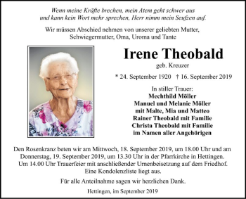 Traueranzeige von Irene Theobald von Fränkische Nachrichten