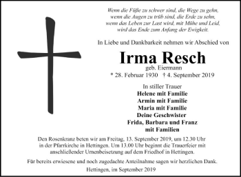 Traueranzeige von Irma Resch von Fränkische Nachrichten