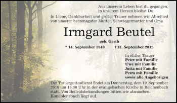 Traueranzeige von Irmgard Beutel von Bergsträßer Anzeiger