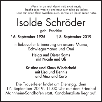 Traueranzeige von Isolde Schröder 