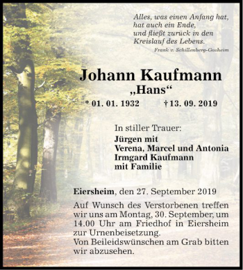 Traueranzeige von Johann Kaufmann von Fränkische Nachrichten