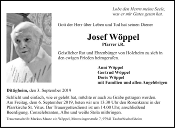 Traueranzeige von Josef Wöppel von Fränkische Nachrichten