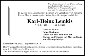 Traueranzeige von Karl-Heinz Lemkis von Fränkische Nachrichten