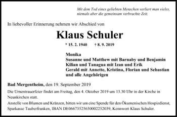 Traueranzeige von Klaus Schuler von Fränkische Nachrichten