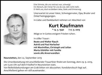 Traueranzeige von Kurt Kaufmann von Fränkische Nachrichten