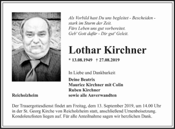 Traueranzeige von Lothar Kirchner von Fränkische Nachrichten
