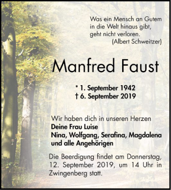 Traueranzeige von Manfred Faust von Bergsträßer Anzeiger