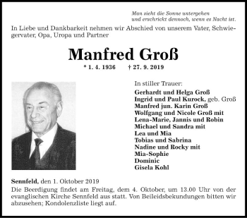 Traueranzeige von Manfred Groß von Fränkische Nachrichten