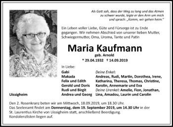 Traueranzeige von Maria Kaufmann von Fränkische Nachrichten