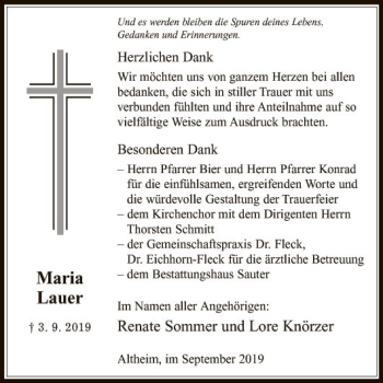 Traueranzeige von Maria Lauer von Fränkische Nachrichten