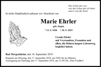 Traueranzeige von Marie Ehrler 