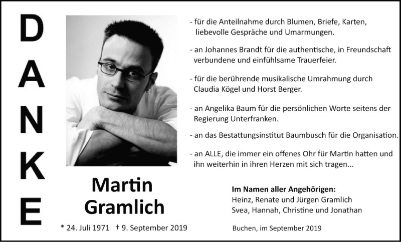  Traueranzeige für Martin Gramlich vom 28.09.2019 aus Fränkische Nachrichten