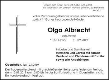 Traueranzeige von Olga Albrecht von Fränkische Nachrichten