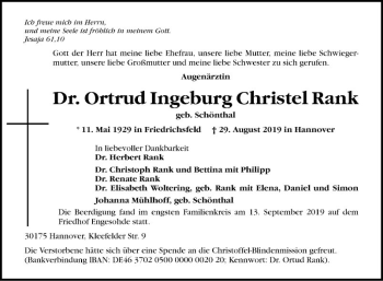 Traueranzeige von Ortrud Ingeburg Christel Rank von Mannheimer Morgen