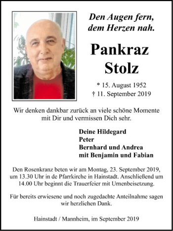 Traueranzeige von Pankraz Stolz von Fränkische Nachrichten