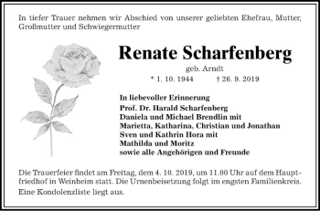 Traueranzeige von Renate Scharfenberg von Mannheimer Morgen