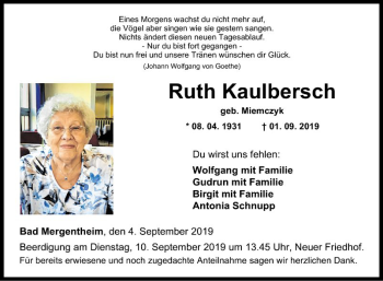 Traueranzeige von Ruth Kaulbersch von Fränkische Nachrichten